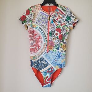 Johnny Was Boho Neoprene One Piece Swim Paddle Suit Rash guard Small Floral Zip